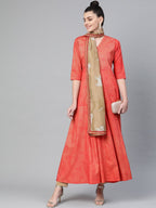 Ahalyaa Women Red & Golden Printed A-Line Kurta with Dupatta