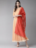 Ahalyaa Women Peach-Coloured & Rust Orange Printed Maxi Dress With Dupatta