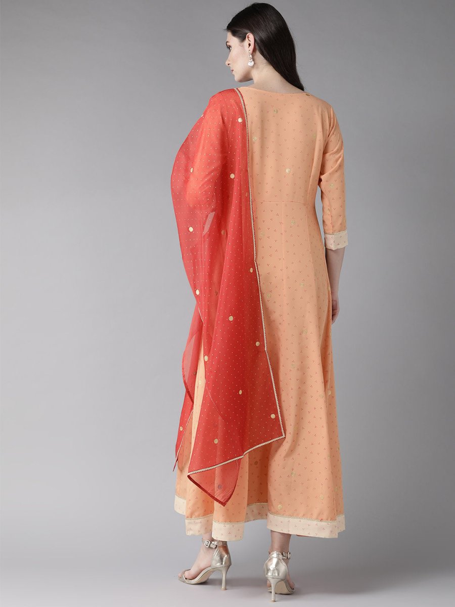 Ahalyaa Women Peach-Coloured & Rust Orange Printed Maxi Dress With Dupatta