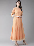 Ahalyaa Women Peach-Coloured & Rust Orange Printed Maxi Dress With Dupatta