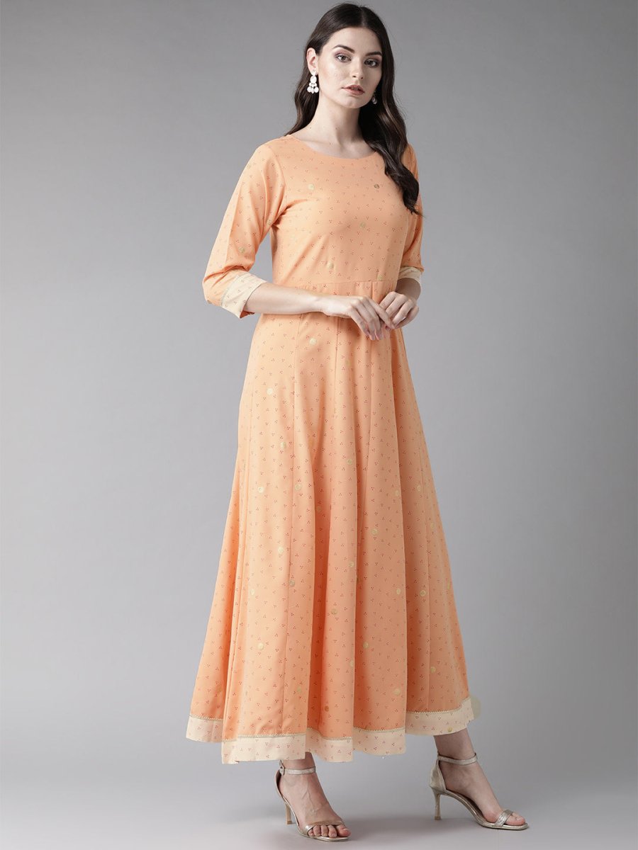 Ahalyaa Women Peach-Coloured & Rust Orange Printed Maxi Dress With Dupatta