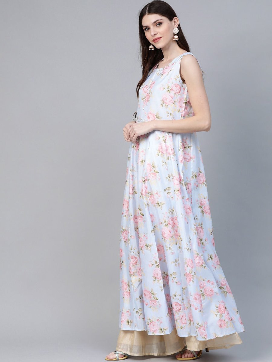 Ahalyaa Women Blue & Pink Floral Printed Anarkali Kurta with Dupatta