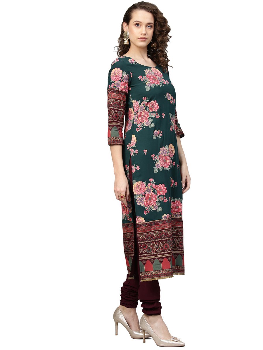 Ahalyaa Women Green & Burgundy Printed Kurta with Churidar & Dupatta