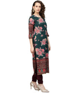 Ahalyaa Women Green & Burgundy Printed Kurta with Churidar & Dupatta