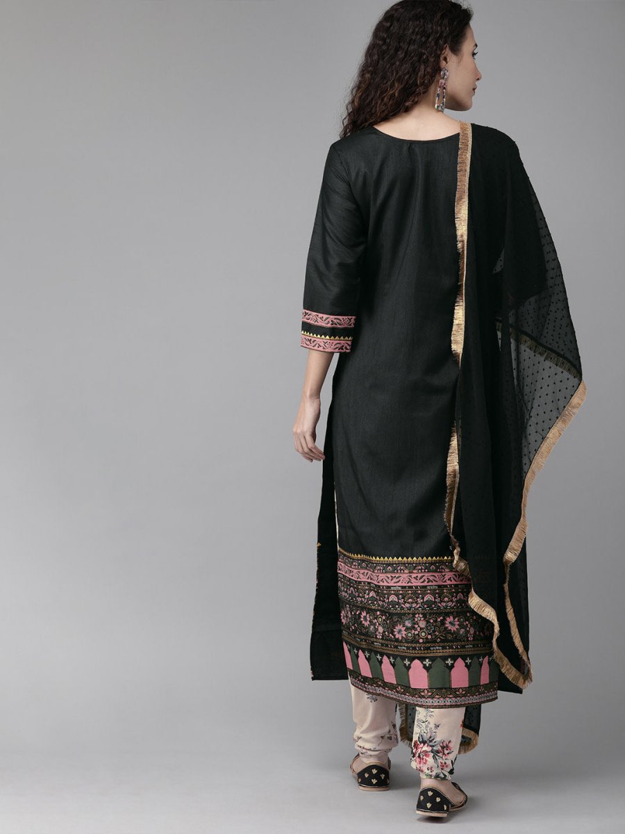 Ahalyaa Women Black & Beige Printed Kurta With Churidar & Dupatta