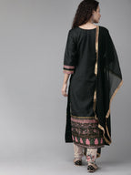Ahalyaa Women Black & Beige Printed Kurta With Churidar & Dupatta