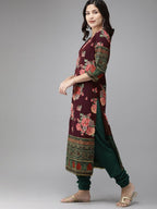 Ahalyaa Women Burgundy & Green Printed Kurta Set