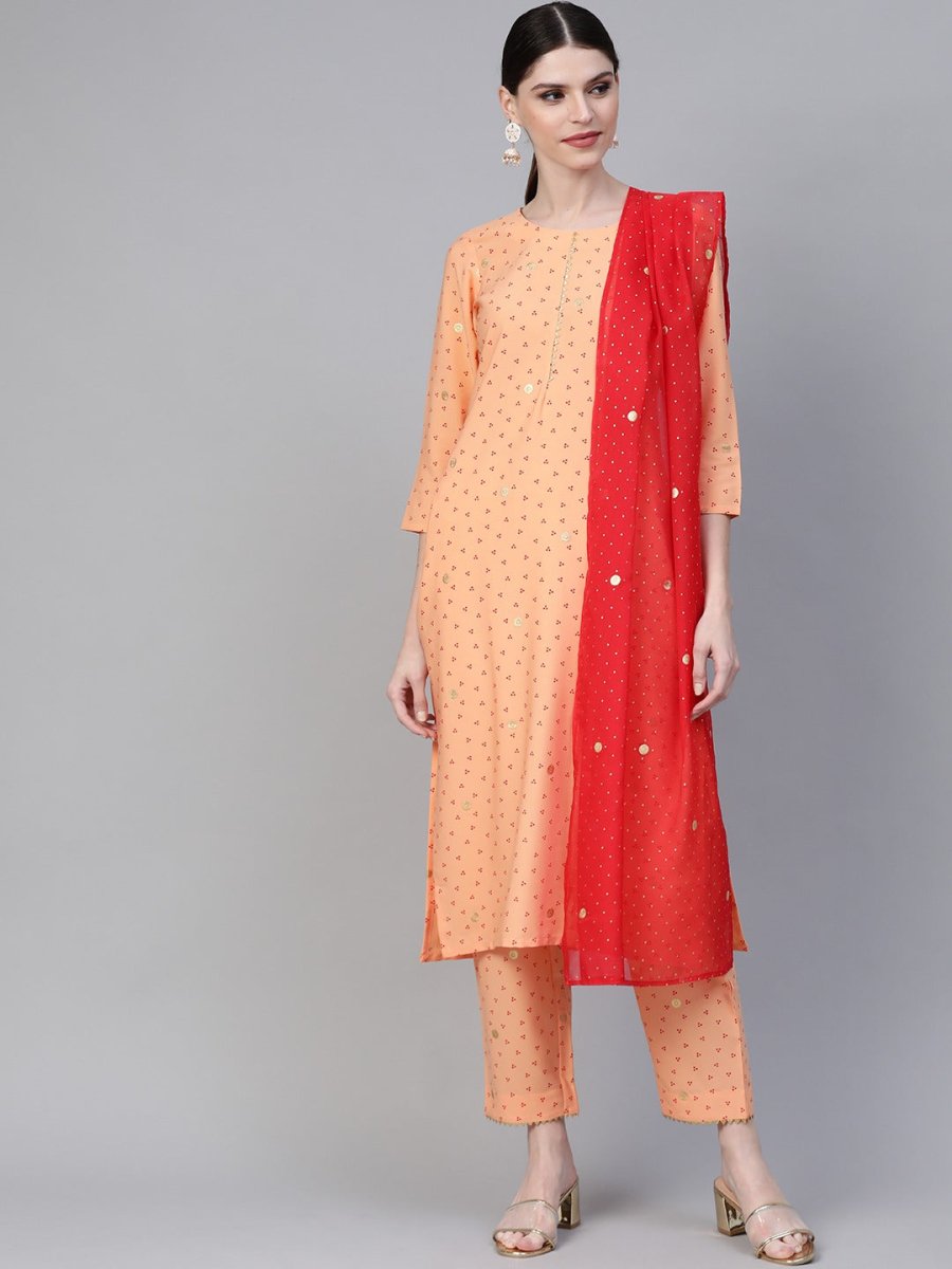 Ahalyaa Women Peach-Coloured & Red Screen Bandhani Printed Kurta with Trousers & Dupatta
