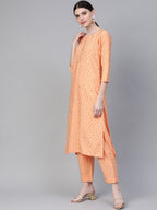 Ahalyaa Women Peach-Coloured & Red Screen Bandhani Printed Kurta with Trousers & Dupatta