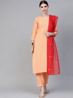 Ahalyaa Women Peach-Coloured & Red Screen Bandhani Printed Kurta with Trousers & Dupatta
