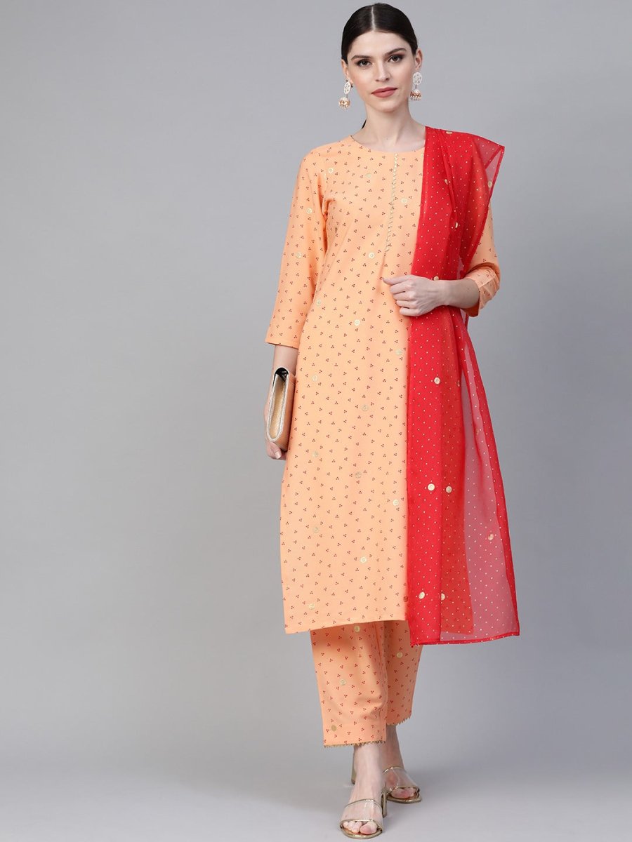 Ahalyaa Women Peach-Coloured & Red Screen Bandhani Printed Kurta with Trousers & Dupatta