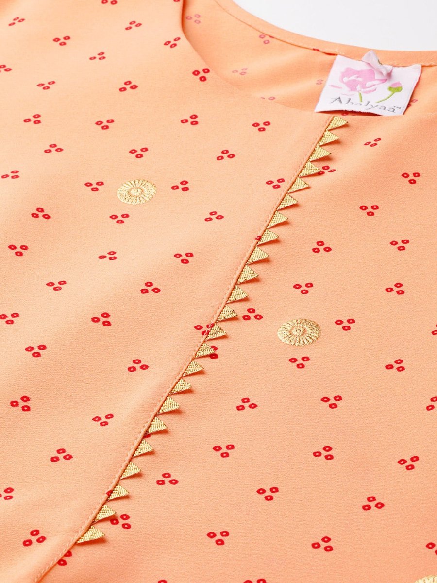 Ahalyaa Women Peach-Coloured & Red Screen Bandhani Printed Kurta with Trousers & Dupatta