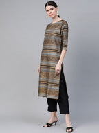 Ahalyaa Black & Golden Screen Printed Kurta with Trousers & Chevron Dupatta