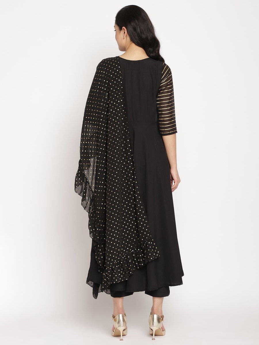 Ahalyaa Women Black Printed Angrakha Kurta With Trousers & Dupatta
