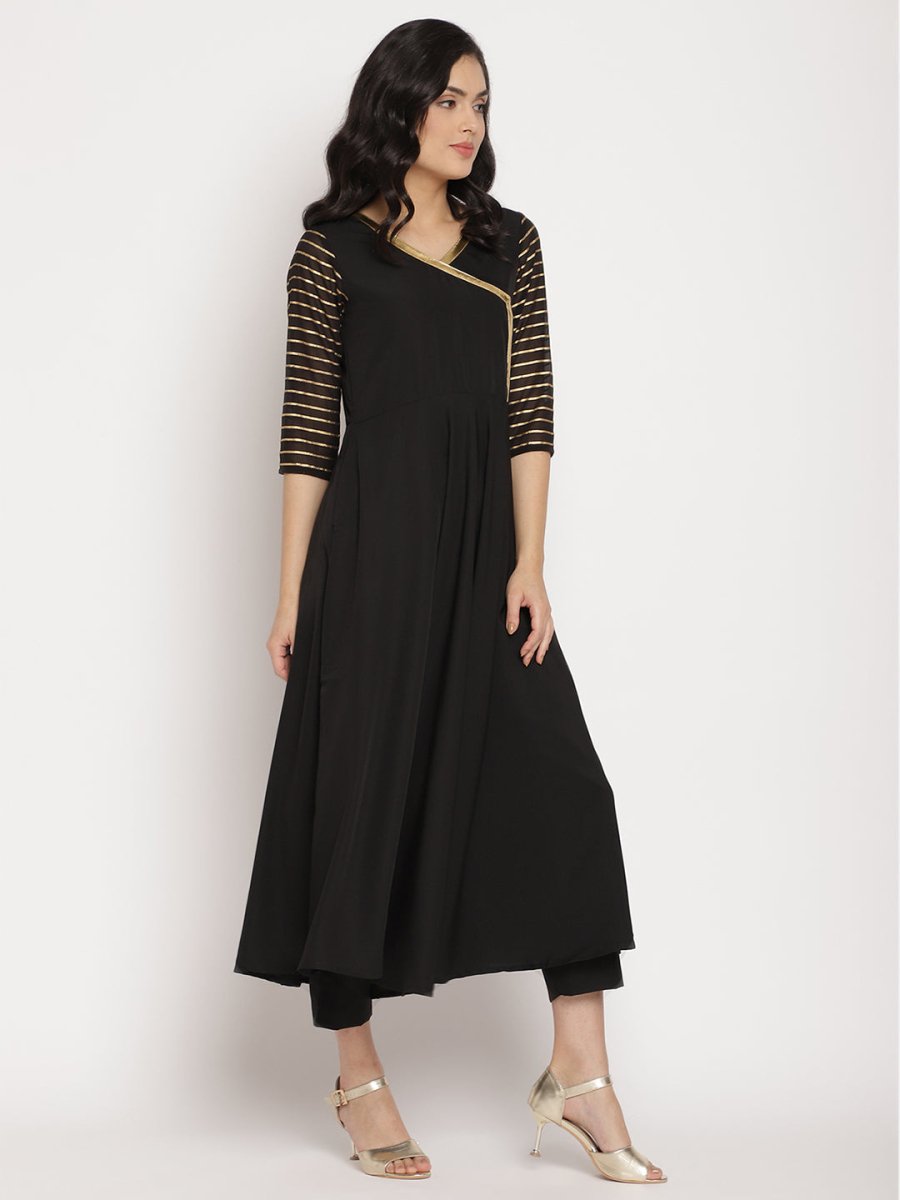 Ahalyaa Women Black Printed Angrakha Kurta With Trousers & Dupatta