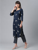 Ahalyaa Women Navy Blue Printed Regular Kurta With Trousers & Dupatta