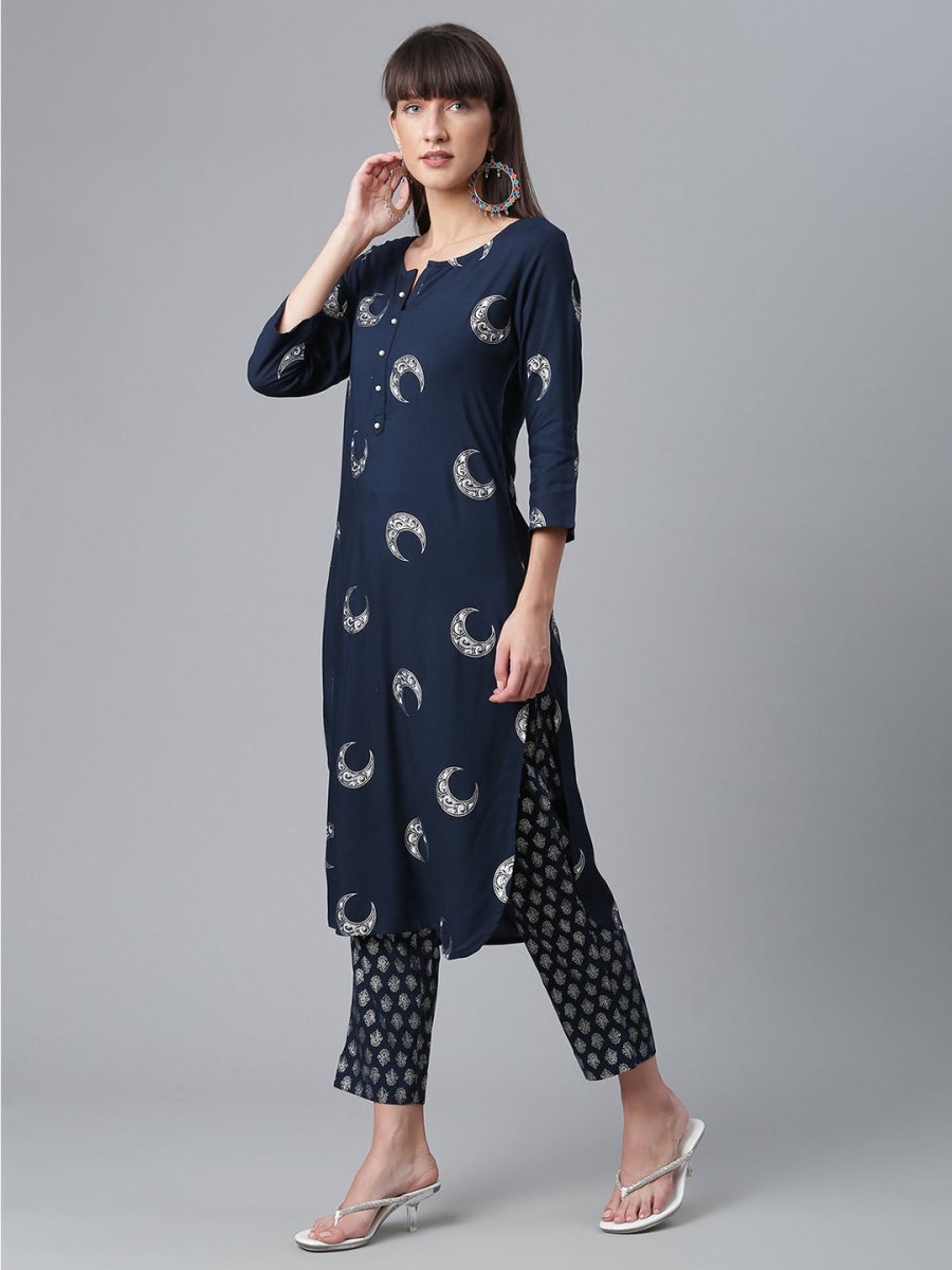 Ahalyaa Women Navy Blue Printed Regular Kurta With Trousers & Dupatta