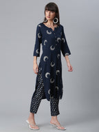 Ahalyaa Women Navy Blue Printed Regular Kurta With Trousers & Dupatta