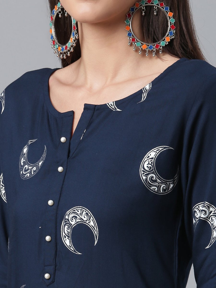 Ahalyaa Women Navy Blue Printed Regular Kurta With Trousers & Dupatta