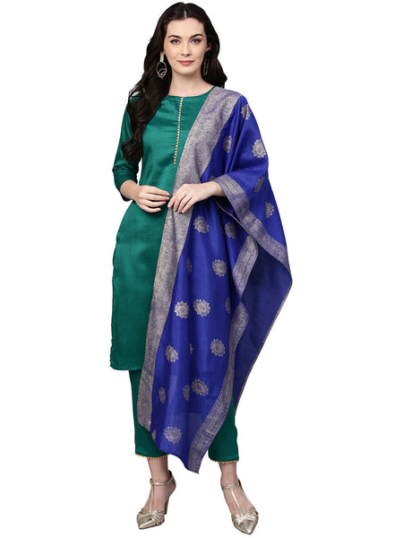 Indian Clothing Ahalyaa Green Solid Kurta with Trousers & Dupatta