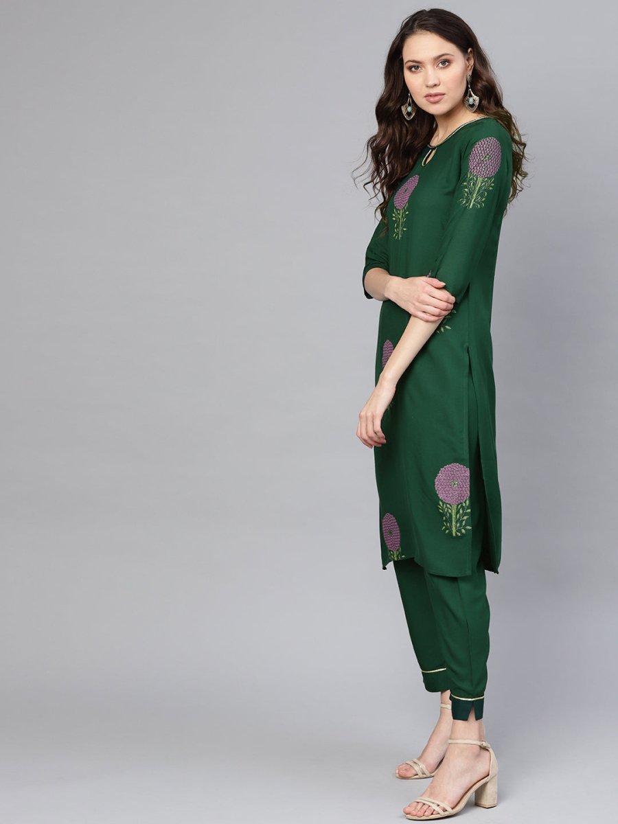 Ahalyaa Women Green & Yellow Printed Kurta With Trousers & Dupatta