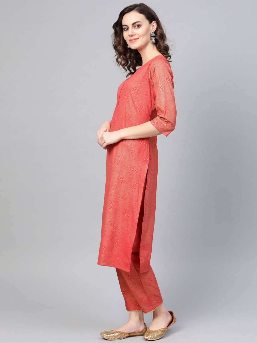 Ahalyaa Women Red & Golden Printed Kurta with Trousers & Dupatta