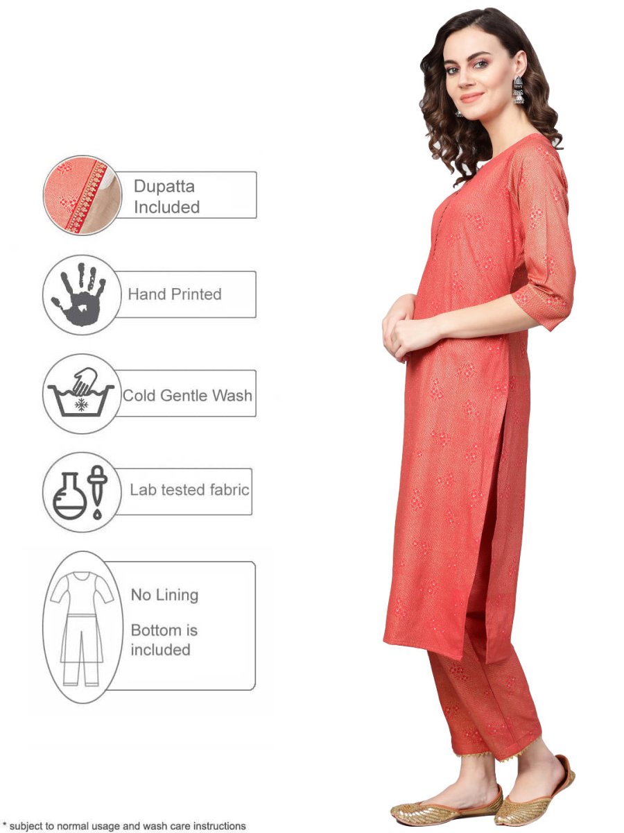 Ahalyaa Women Red & Golden Printed Kurta with Trousers & Dupatta