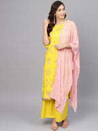 Ahalyaa Women Yellow & Pink Printed Kurta with Palazzos & Dupatta