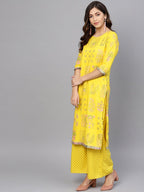 Ahalyaa Women Yellow & Pink Printed Kurta with Palazzos & Dupatta