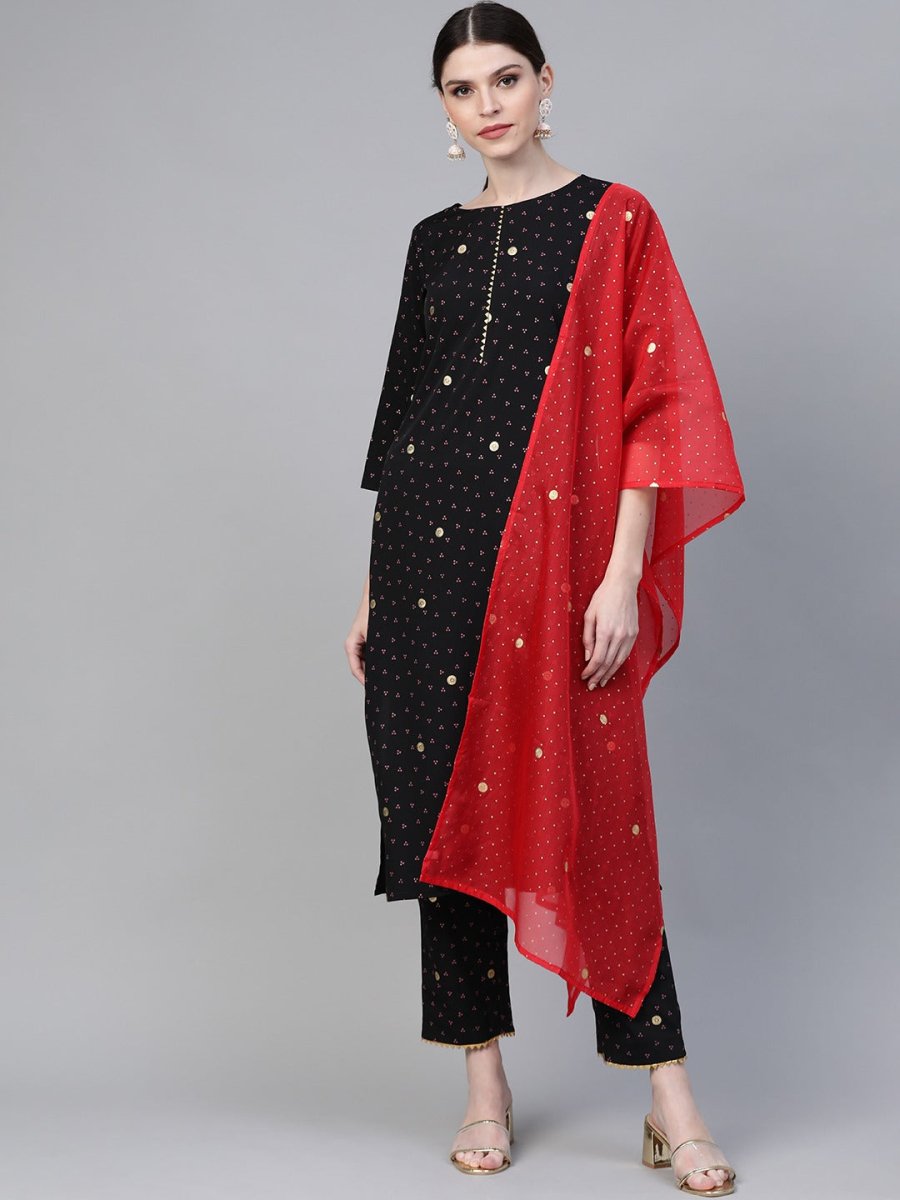 Ahalyaa Women Black & Pink Bandhani Khari Printed Kurta with Trousers & Dupatta