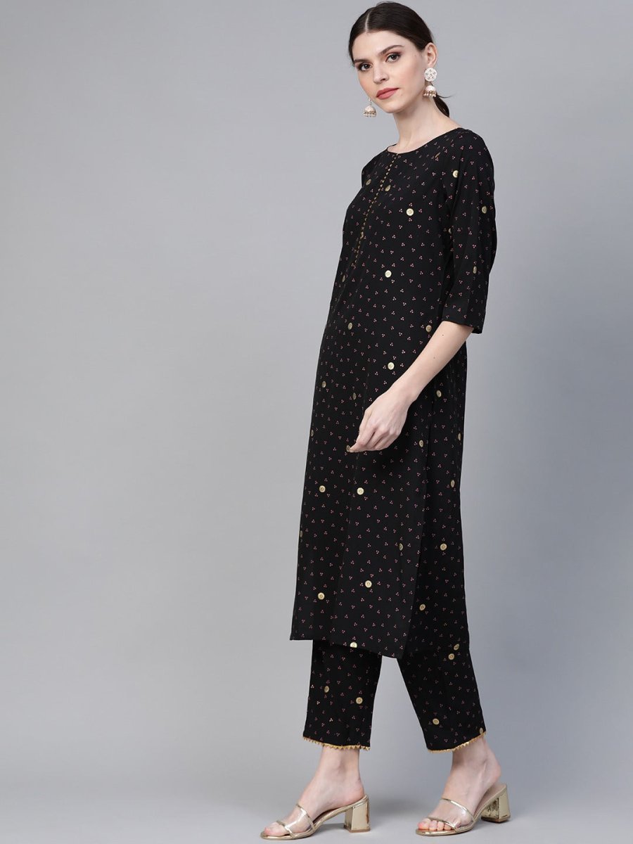 Ahalyaa Women Black & Pink Bandhani Khari Printed Kurta with Trousers & Dupatta