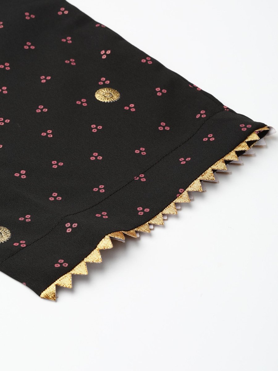 Ahalyaa Women Black & Pink Bandhani Khari Printed Kurta with Trousers & Dupatta