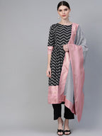Ahalyaa Women Black & White Polka Dots Chevron Khari Printed Kurta with Trousers & Dupatta