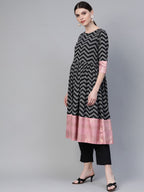 Ahalyaa Women Black & White Polka Dots Chevron Khari Printed Kurta with Trousers & Dupatta