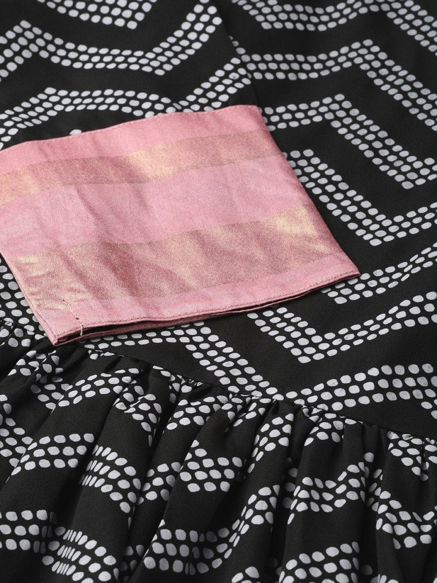 Ahalyaa Women Black & White Polka Dots Chevron Khari Printed Kurta with Trousers & Dupatta