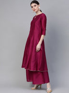 Ahalyaa Women Magenta & Grey Solid Anarkali Kurta with Palazzos & Floral Dupatta