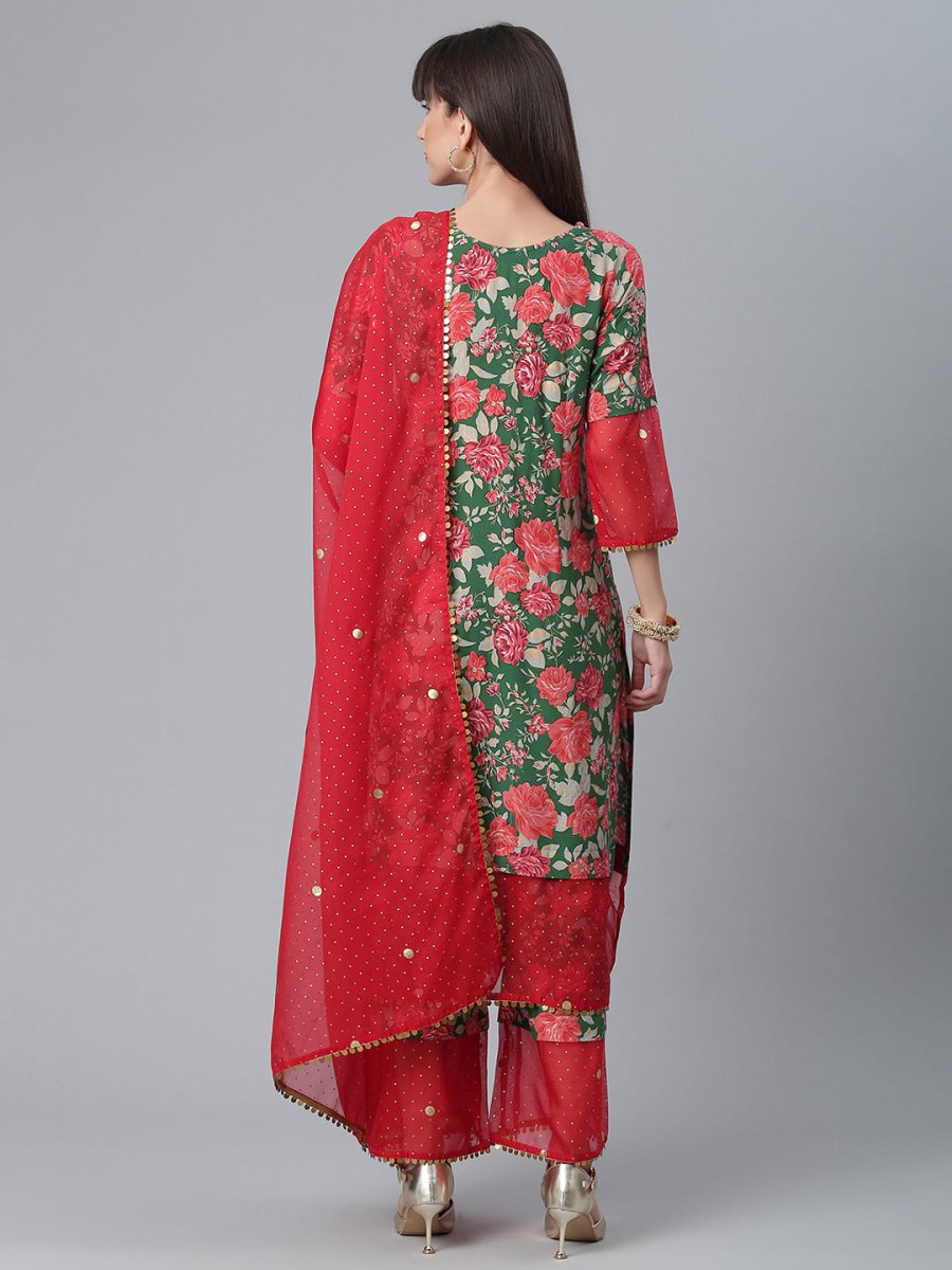 Ahalyaa Women Green Floral Printed Regular Kurta With Palazzos & Dupatta