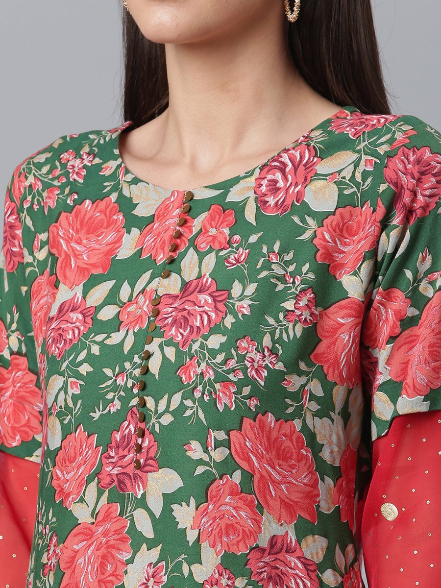 Ahalyaa Women Green Floral Printed Regular Kurta With Palazzos & Dupatta
