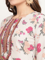 Ahalyaa Floral Printed Round Neck Floral Crepe Straight Kurta