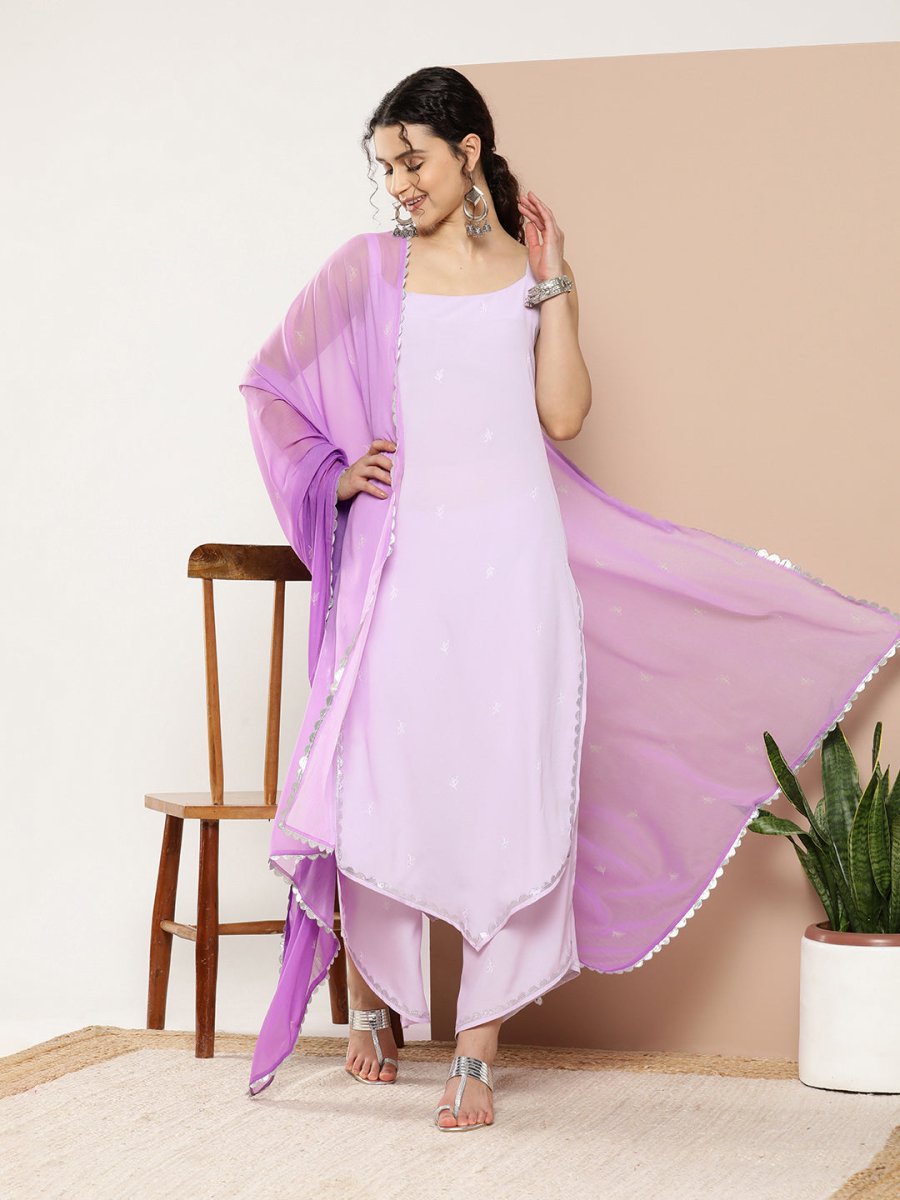 Ahalyaa Women Lavender Gotta Patti Kurta with Palazzos & With Dupatta