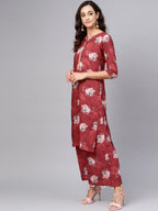 Ahalyaa Women Maroon Printed Kurta with Palazzo & Dupatta