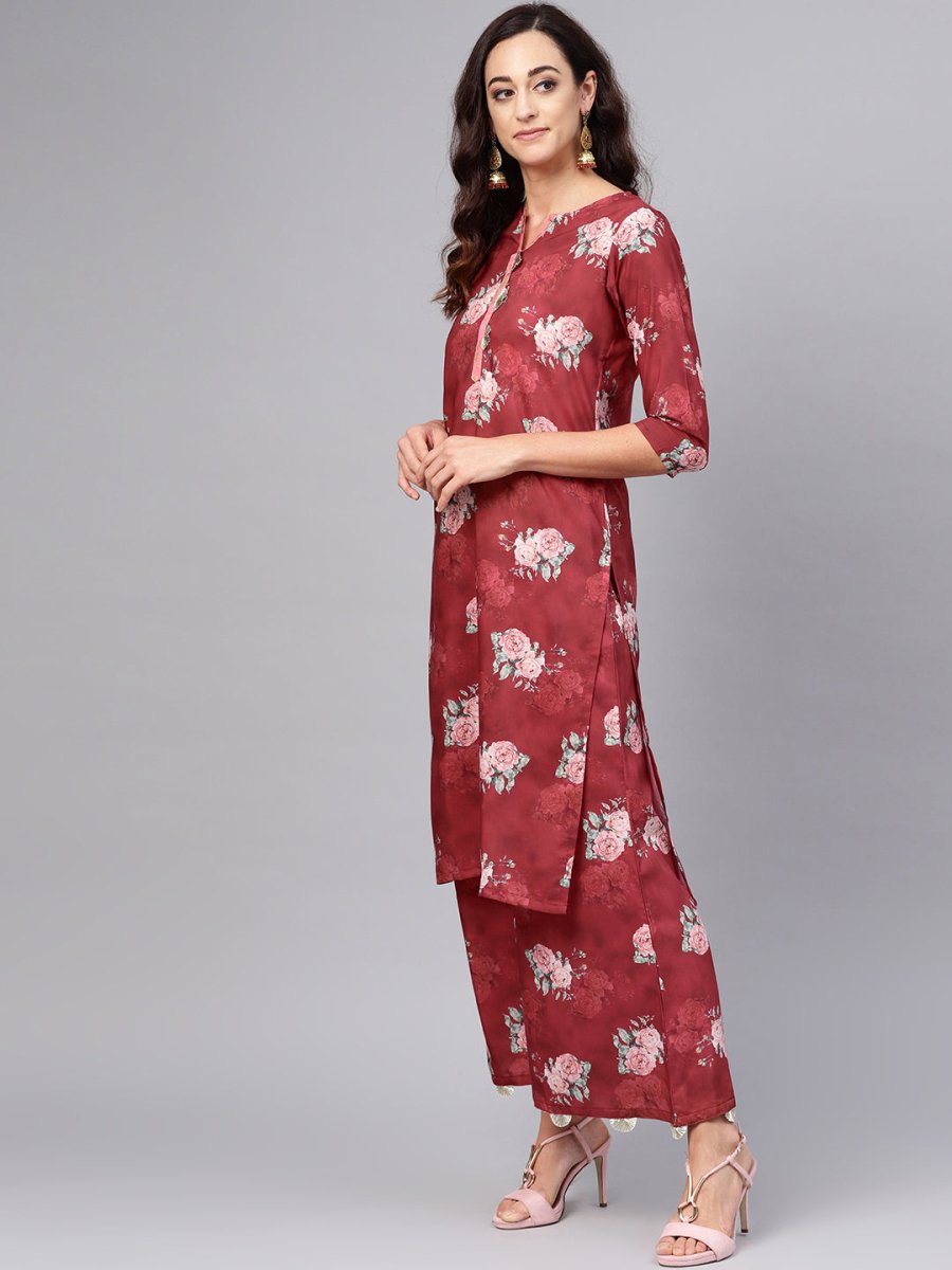 Ahalyaa Women Maroon Printed Kurta with Palazzo & Dupatta