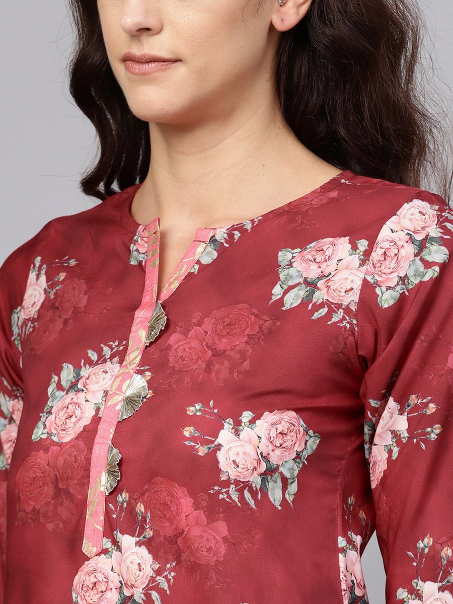 Ahalyaa Women Maroon Printed Kurta with Palazzo & Dupatta