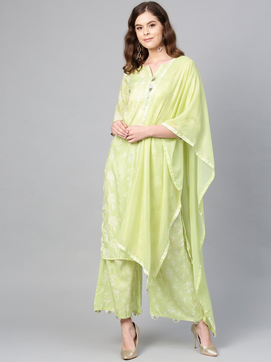 Ahalyaa Women Green & White Printed Kurta with Palazzos & Dupatta