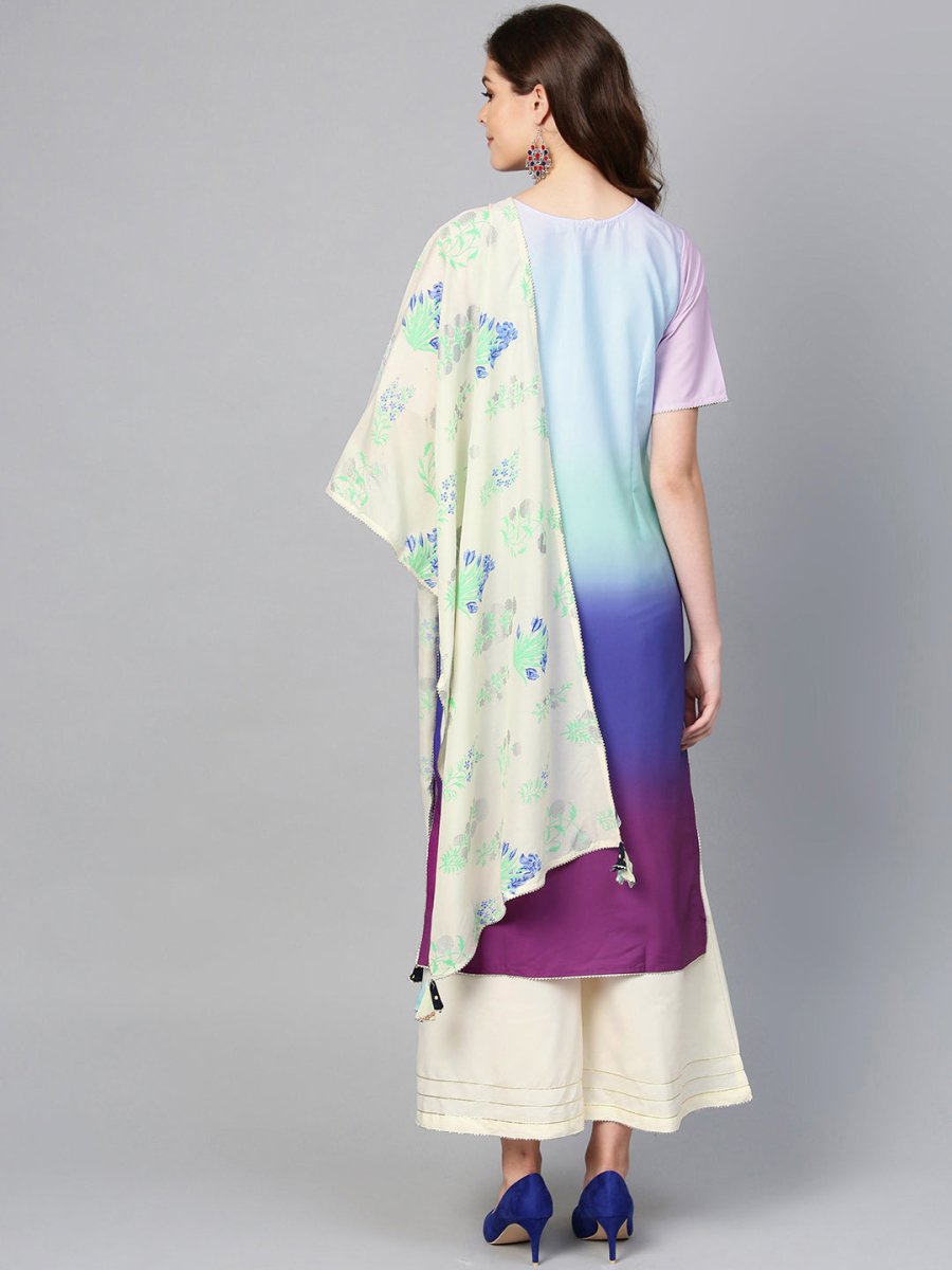 Ahalyaa Women Blue & Off-White Dyed Kurta with Palazzos & Dupatta
