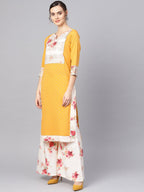 Ahalyaa Women Mustard Yellow & Cream-Coloured Printed Kurta with Palazzos & Dupatta