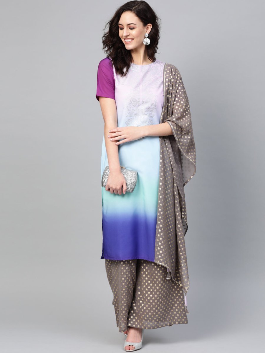 Ahalyaa Women Blue & Charcoal Grey Printed Kurta with Palazzos & Dupatta