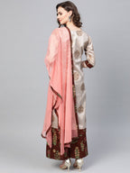 Ahalyaa Women Grey & Coffee Brown Printed Kurta with Palazzo & Dupatta