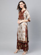 Ahalyaa Women Grey & Coffee Brown Printed Kurta with Palazzo & Dupatta