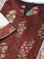 Ahalyaa Women Grey & Coffee Brown Printed Kurta with Palazzo & Dupatta